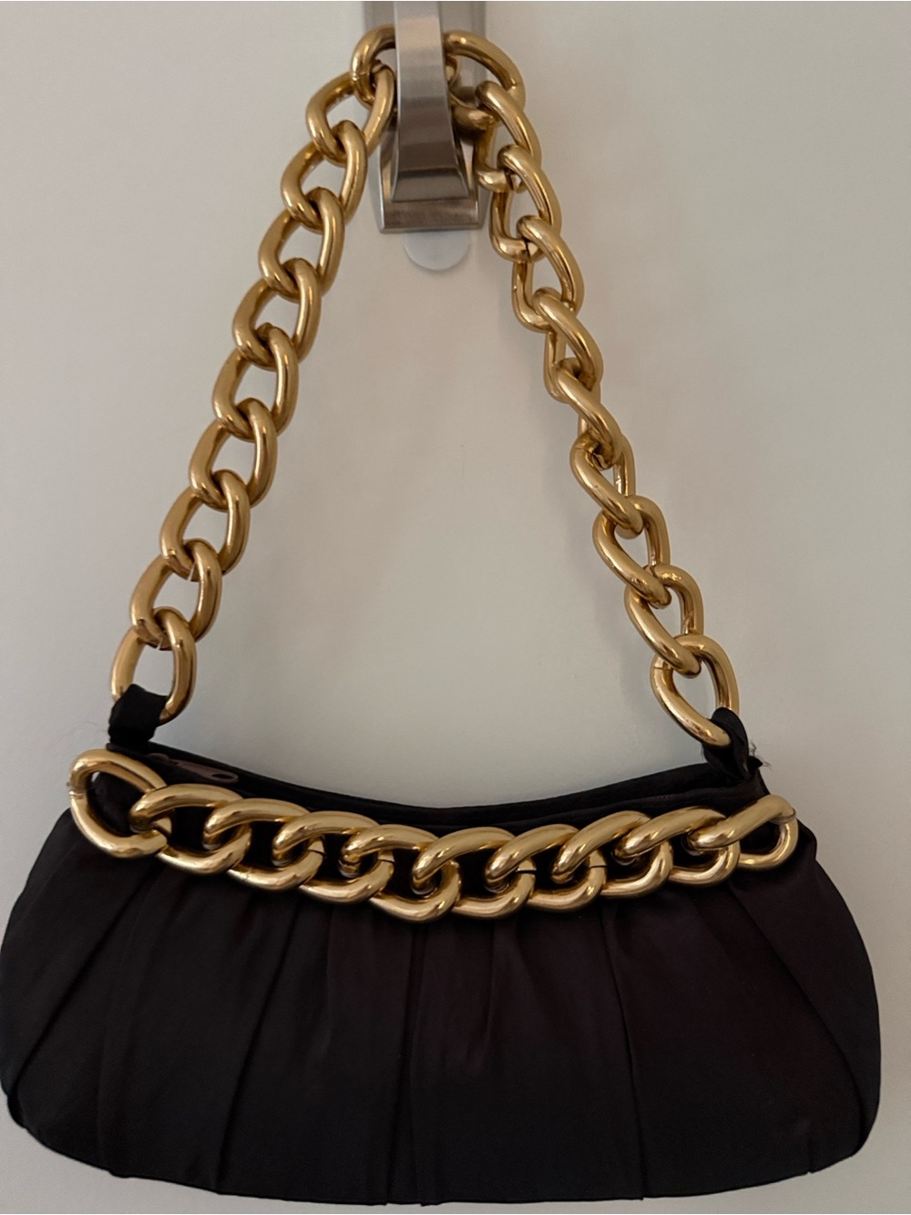 Dark Brown Bag with Bold Gold Chain. Beautiful silk fabric